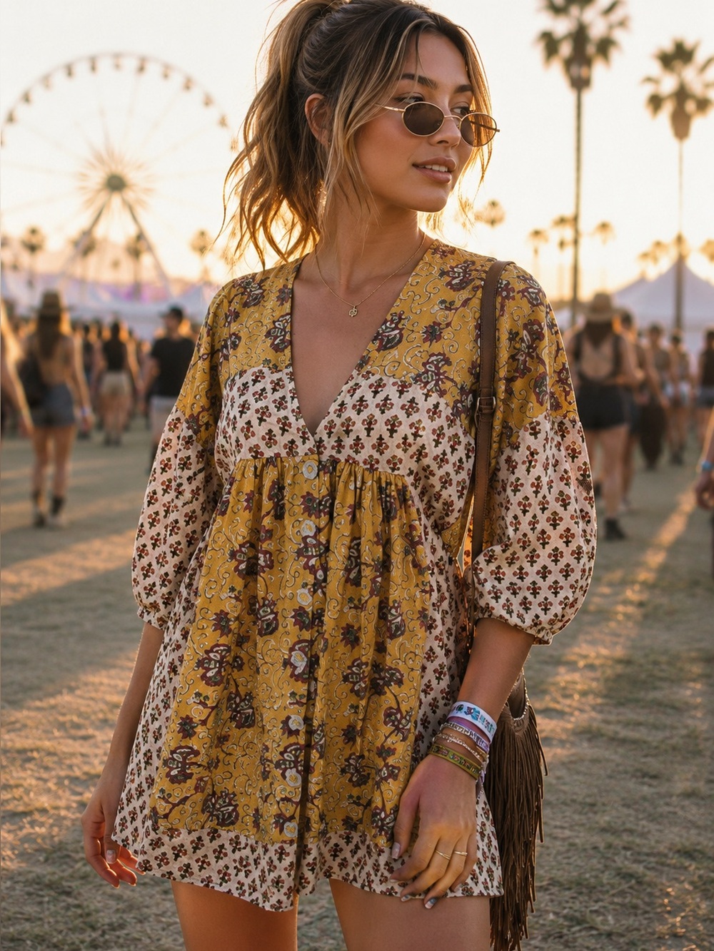 KINGA CSILLA Boho Patchwork Gold and Cream Button-Front Mini Dress, 6